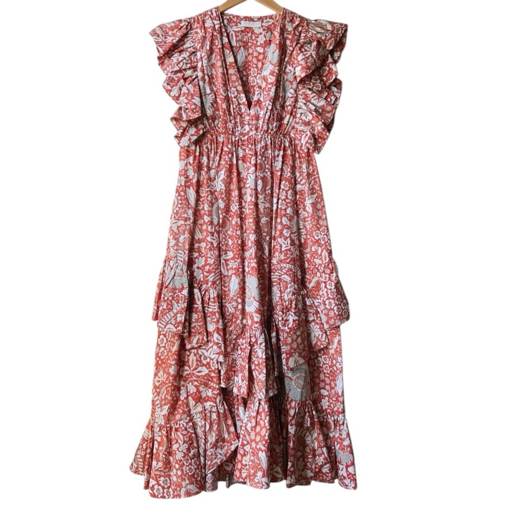 ULLA JOHNSON Delila Midi Ruffle Floral Dress Orange Blossom Sz 4 - Picture 5 of 15
